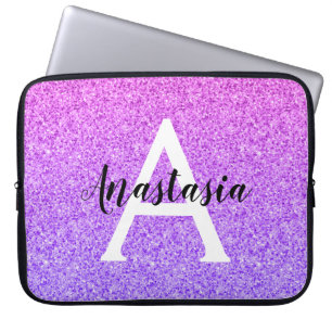 Capa Para Notebook Girly Glam Ombre Purple Glitter Sparkles Monograma