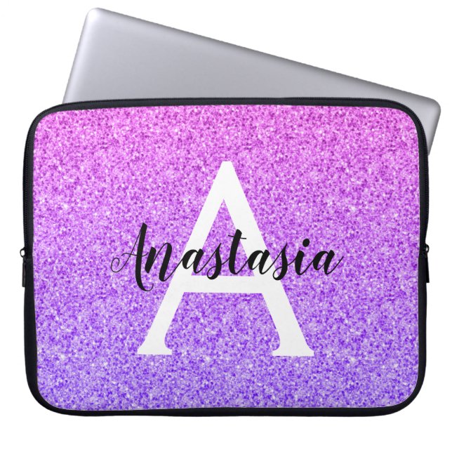 Capa Para Notebook Girly Glam Ombre Purple Glitter Sparkles Monograma (Frente)