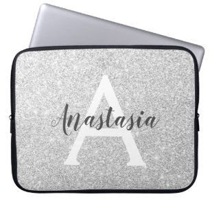 Capa Para Notebook Girly Glam Silver Glitter Sparkles Nome do Monogra