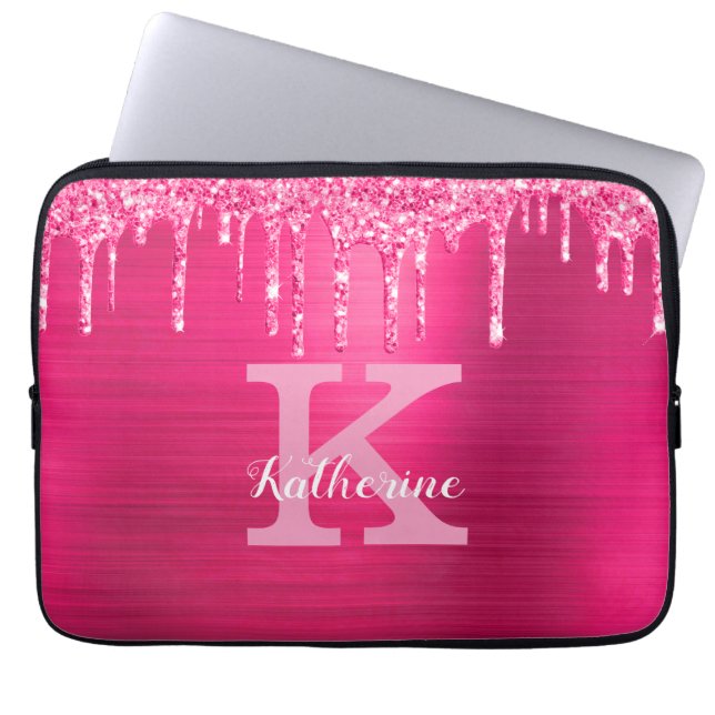 Capa Para Notebook Girly Hot Pink Glitter Drives Chic Monograma Nome (Frente)