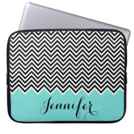 Capa Para Notebook GIRLY HOT TEAL BLUE black White Chevron Personaliz
