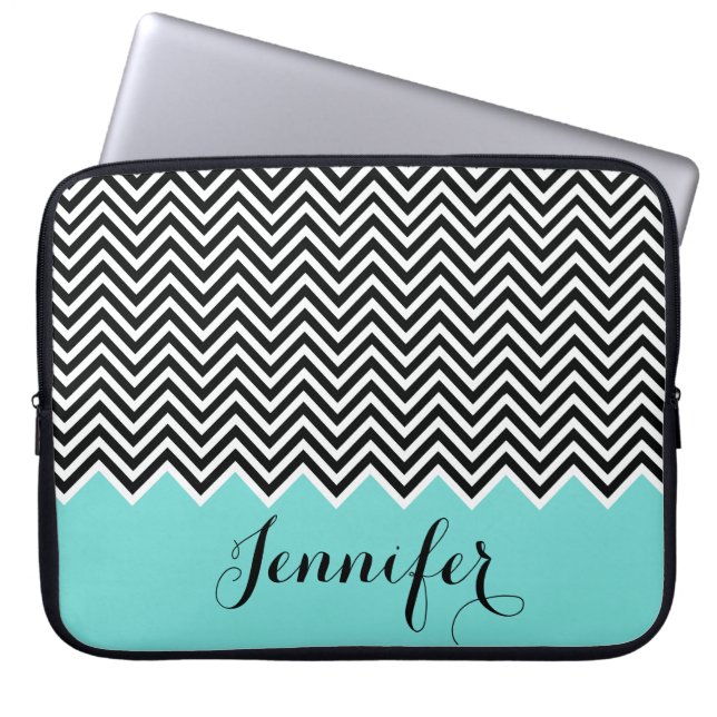 Capa Para Notebook GIRLY HOT TEAL BLUE black White Chevron Personaliz (Frente)