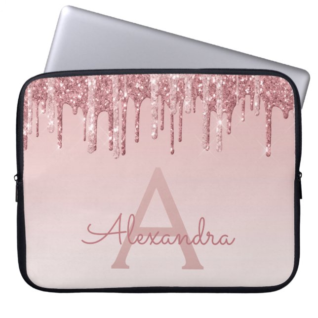 Capa Para Notebook Girly Pink Rose Gold Glitter Drips Monogram (Frente)