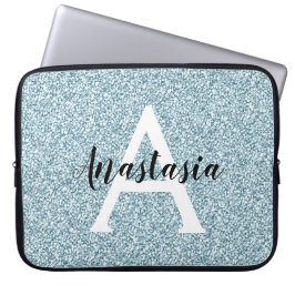 Capa Para Notebook Glam Blue Silver Glitter Sparkles Nome do Monogram