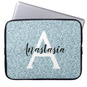 Capa Para Notebook Glam Blue Silver Glitter Sparkles Nome do Monogram