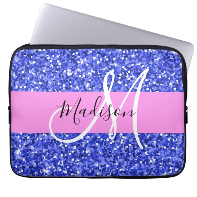 Capa Para Notebook Glam Dark Blue Glitter Sparkles Nome Monograma (Frente)