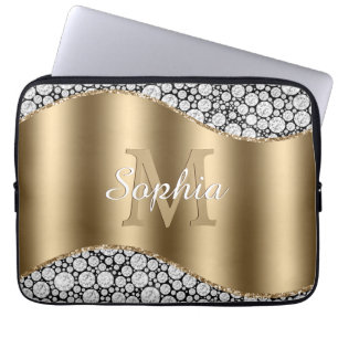 Capa Para Notebook Glam Diamantes em Preto, Monograma Dourado, Nome d