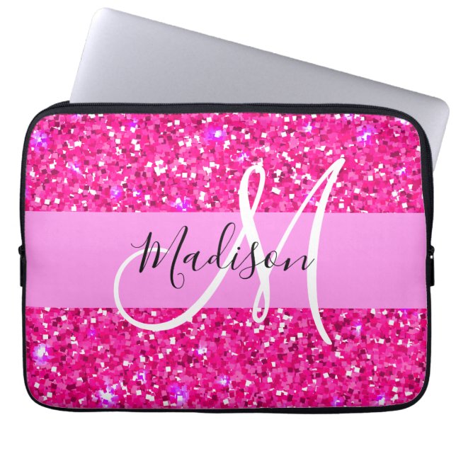 Capa Para Notebook Glam Girly Hot Pink Glitter Sparkles Nome Monogram (Frente)