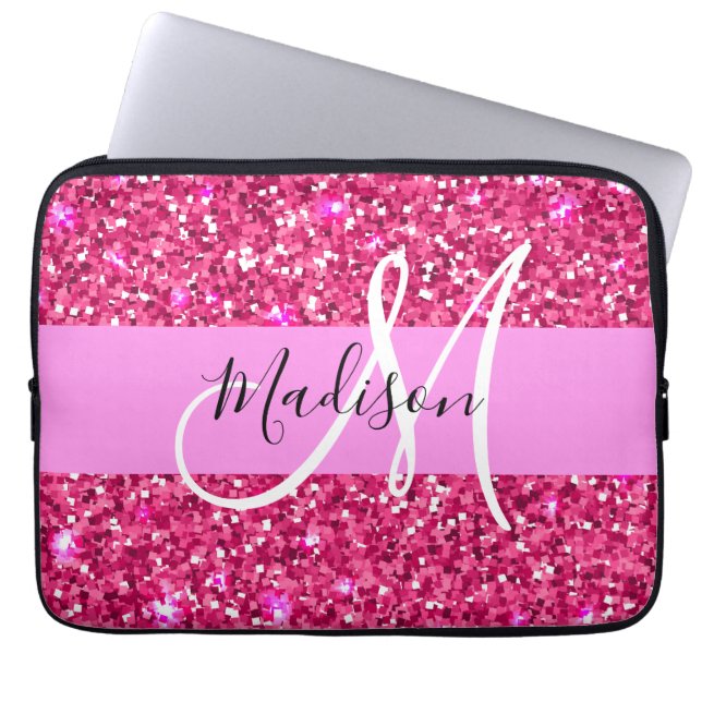 Capa Para Notebook Glam Girly Hot Pink Glitter Sparkles Nome Monogram (Frente)