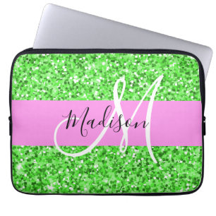 Capa Para Notebook Glam Pink and Green Glitter Sparkles Monogram Name