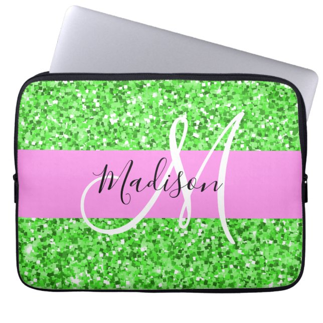 Capa Para Notebook Glam Pink and Green Glitter Sparkles Monogram Name (Frente)