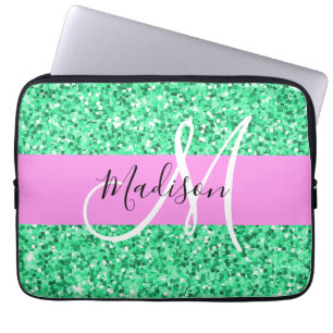 Capa Para Notebook Glam Pink and Green Glitter Sparkles Nome do Monog