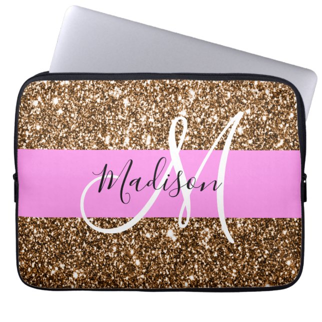 Capa Para Notebook Glam Pink & Bronze Gliters Espalha Monograma Nome (Frente)