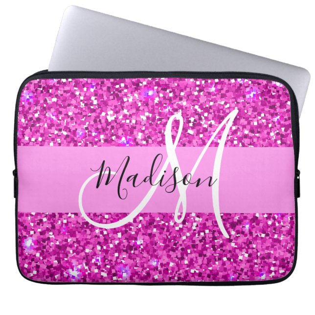 Capa Para Notebook Glam Pink & Magenta Glitter Sparkle Nome do Monogr (Frente)