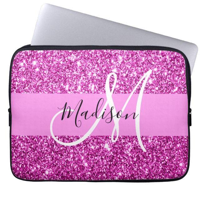 Capa Para Notebook Glam Pink & Magenta Glitter Sparkle Nome do Monogr (Frente)