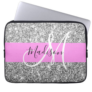 Capa Para Notebook Glam Pink & Silver Glitter Sparkles Nome do Monogr
