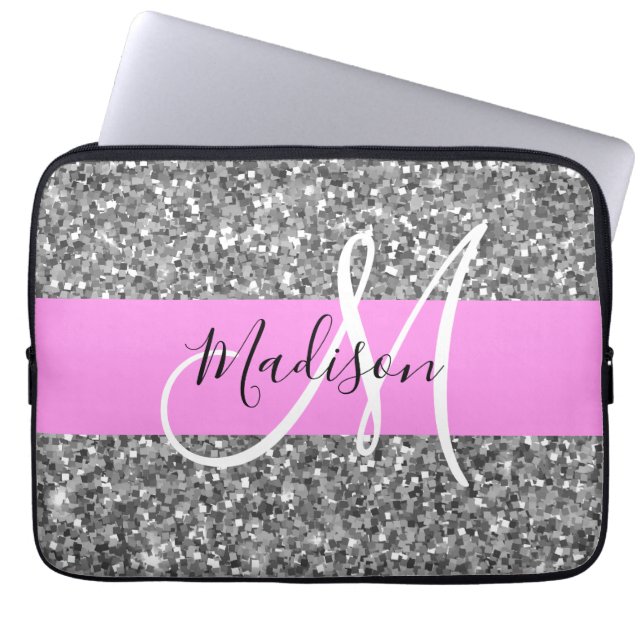 Capa Para Notebook Glam Pink & Silver Glitter Sparkles Nome do Monogr (Frente)