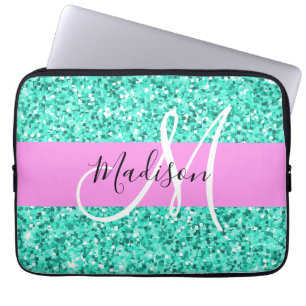 Capa Para Notebook Glam Pink Turquoise Glitter Sparkles Nome do Monog