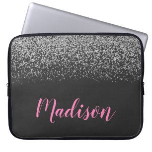 Capa Para Notebook Glam Prata Brilho Faíscas Nome Preto & Rosa