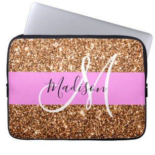Capa Para Notebook Glam Rosa & Cobre Brilho Faíscas Monograma Nome