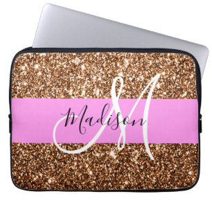 Capa Para Notebook Glam Rosa e Bronze Brilho Faíscas Monograma Nome