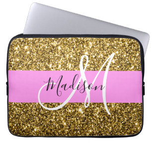 Capa Para Notebook Glam Rosa e Dourado Brilho Faíscas Monograma Nome