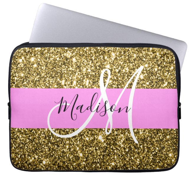 Capa Para Notebook Glam Rosa e Dourado Brilho Faíscas Monograma Nome (Frente)