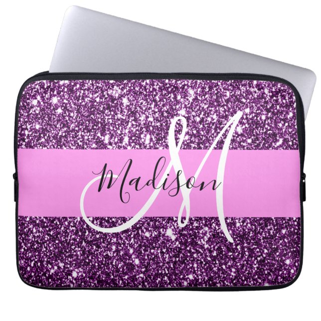 Capa Para Notebook Glam Rosa e Glitter Roxo Monograma Nome (Frente)