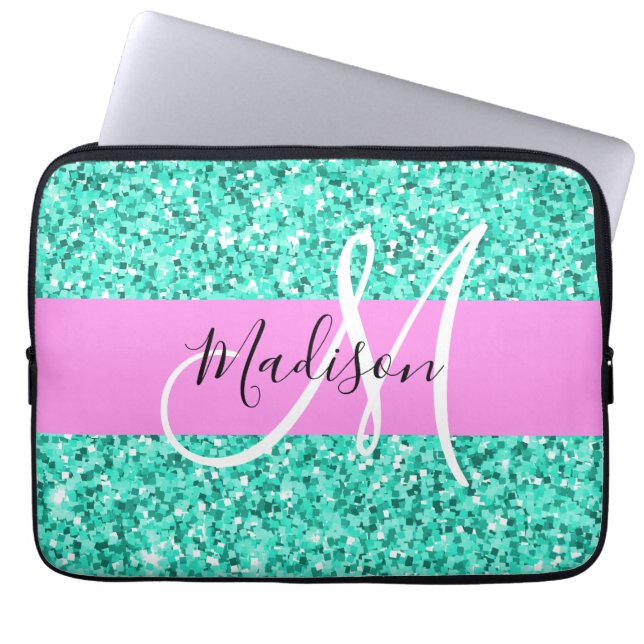 Capa Para Notebook Glam Rosa Turquesa Brilho Faíscas Monograma Nome (Frente)