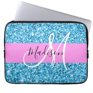 Capa Para Notebook Glam Sky Blue Pink Glitter Sparkles Nome Monograma