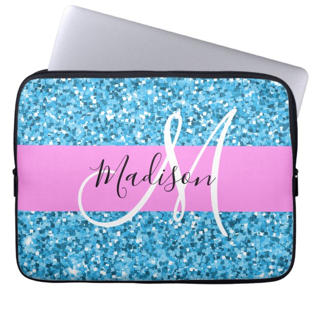 Capa Para Notebook Glam Sky Blue Pink Glitter Sparkles Nome Monograma (Frente)