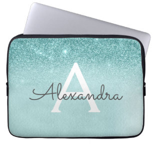 Capa Para Notebook Glam Teal Aqua Blue Glitter e Sparkle Monograma