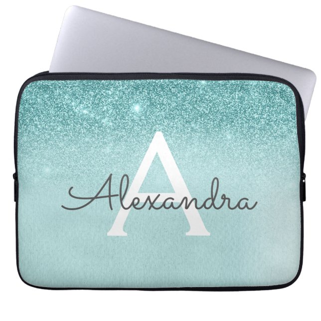 Capa Para Notebook Glam Teal Aqua Blue Glitter e Sparkle Monograma (Frente)