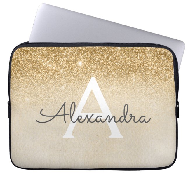 Capa Para Notebook Glitter Dourado Glam e Monograma Chic Sparkle (Frente)