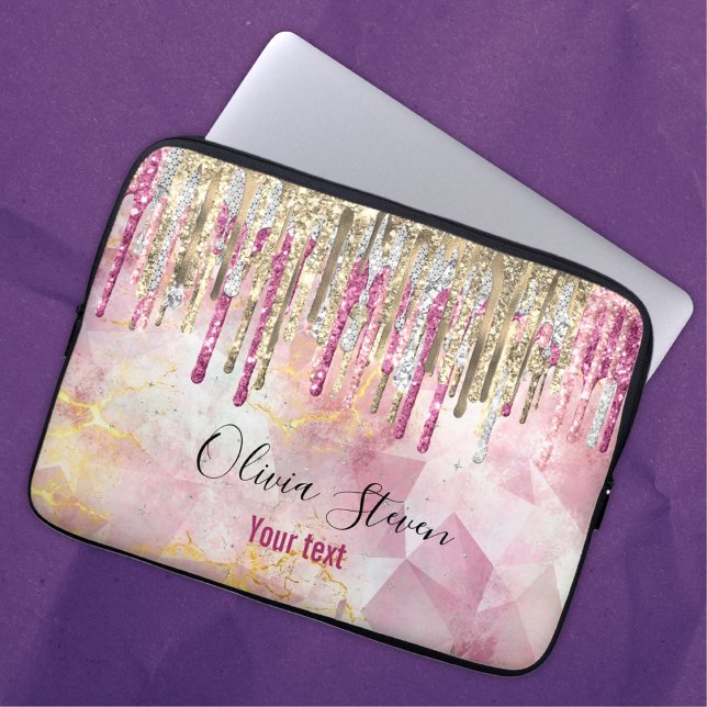 Capa Para Notebook Glitter dourado rosa-chic goteja monograma (Criador carregado)