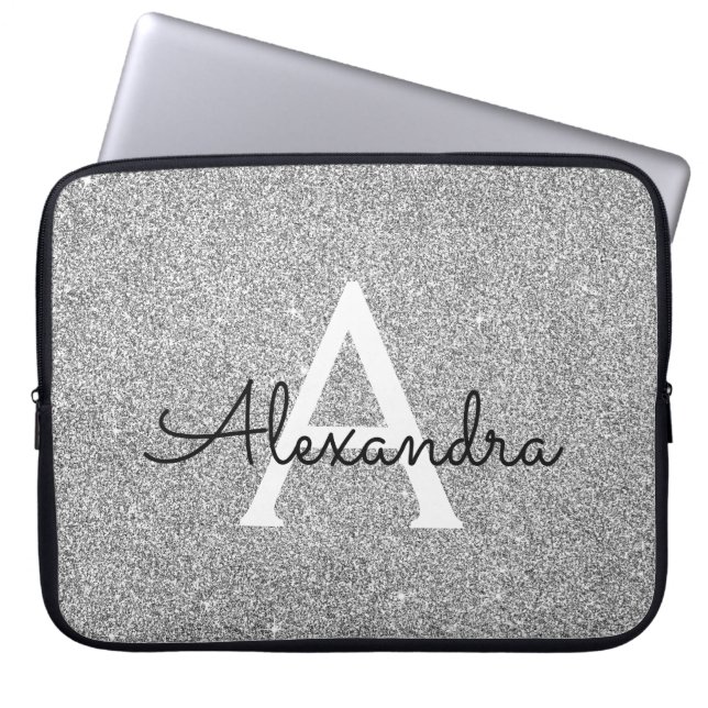 Capa Para Notebook Glitter prateado elegante e monograma de brilho (Frente)