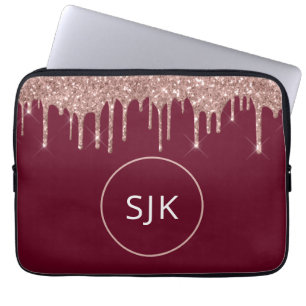 Capa Para Notebook Glitter Rosa Dourado Girly Burgundy Gotas Monogram
