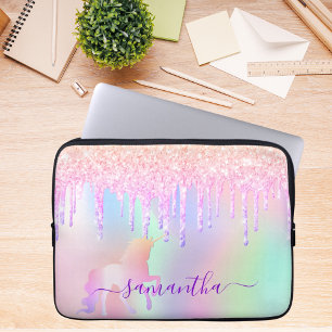 Capa Para Notebook Glitter Unicórnio goteja nome iridescente do arco-