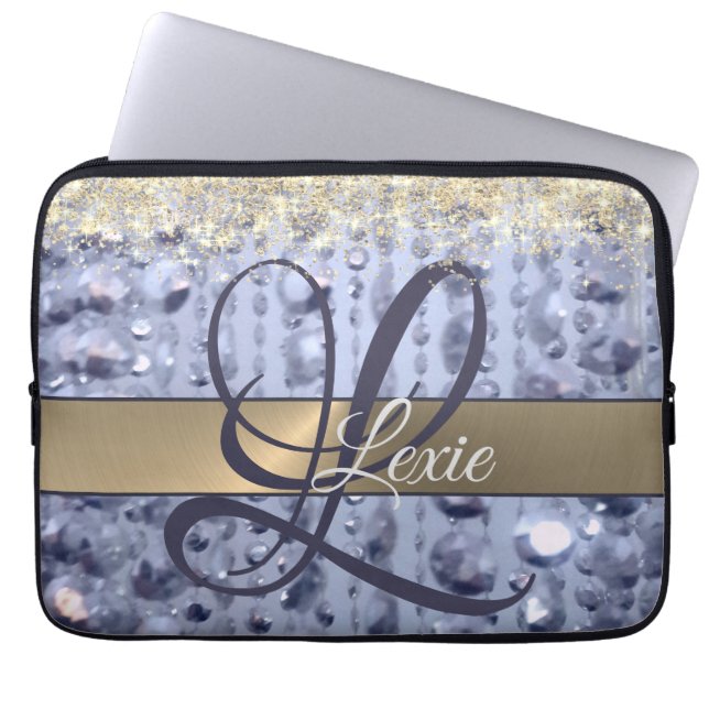 Capa Para Notebook Glittery Blue Monograma de Miçangas (Frente)