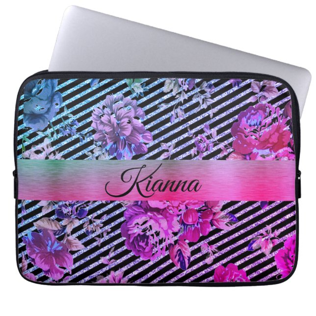 Capa Para Notebook Glittery Stripe Hot Pink e Teal Floral (Frente)
