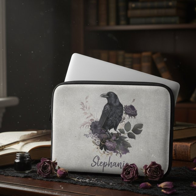 Capa Para Notebook Gótico Corvo Personalizado Flora Escura (Dark academia laptop sleeve)