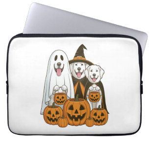 Capa Para Notebook Grande Cão Pirenéus Fantasma Bruxa Halloween Corre