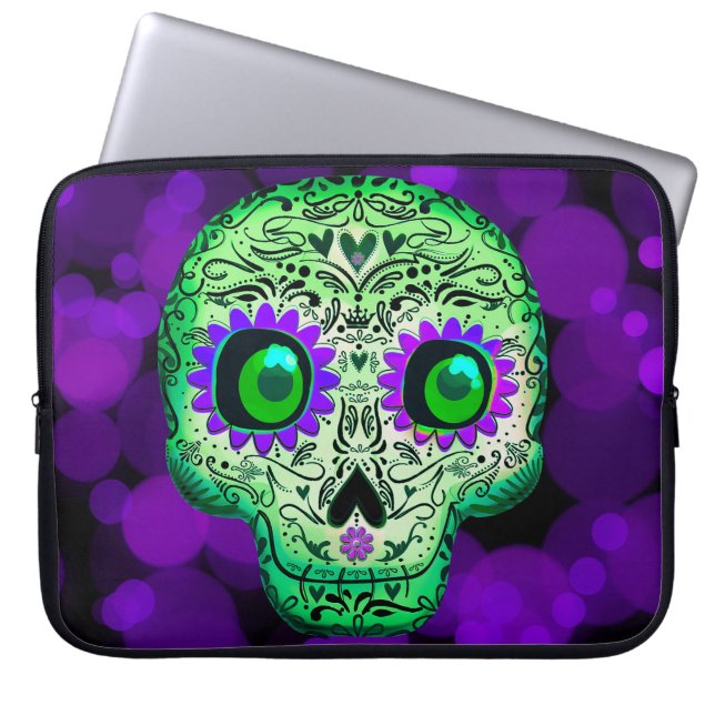 Capa Para Notebook Green & Purple Glowing Sugar Skull Halloween (Frente)