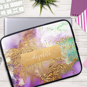 Capa Para Notebook Grelha aquarela dourada, dourada, púrpura, verde