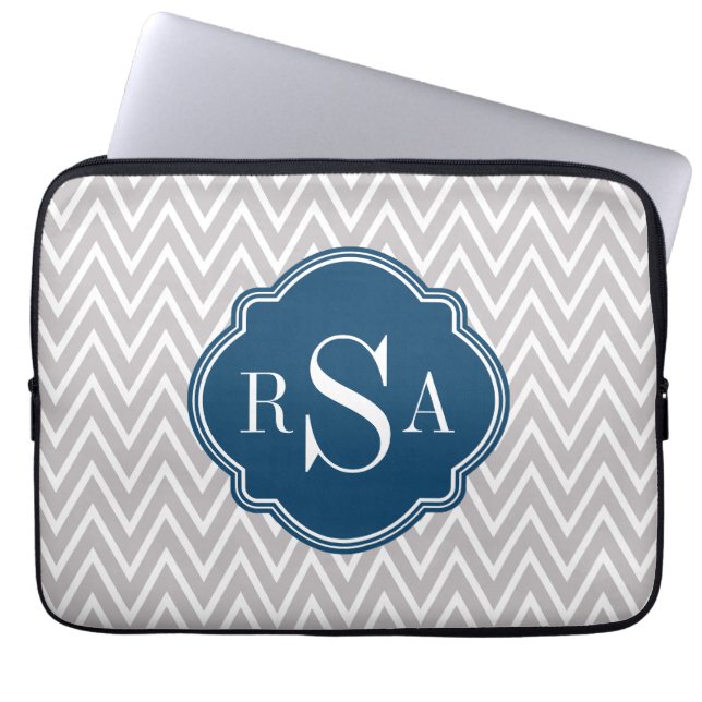 Capa Para Notebook Grey Chevron Navy Monogram Initial Letter (Frente)