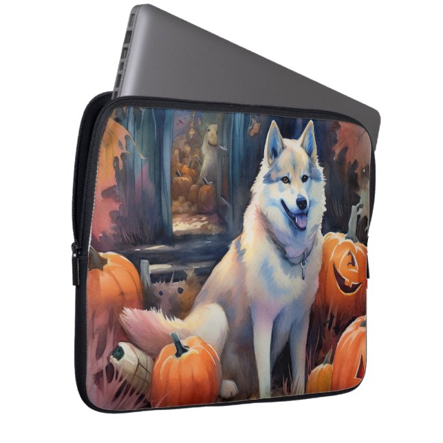 Capa Para Notebook Halloween Alaskan Malamute Com Pumpkins Assustado (Frente Esquerda)