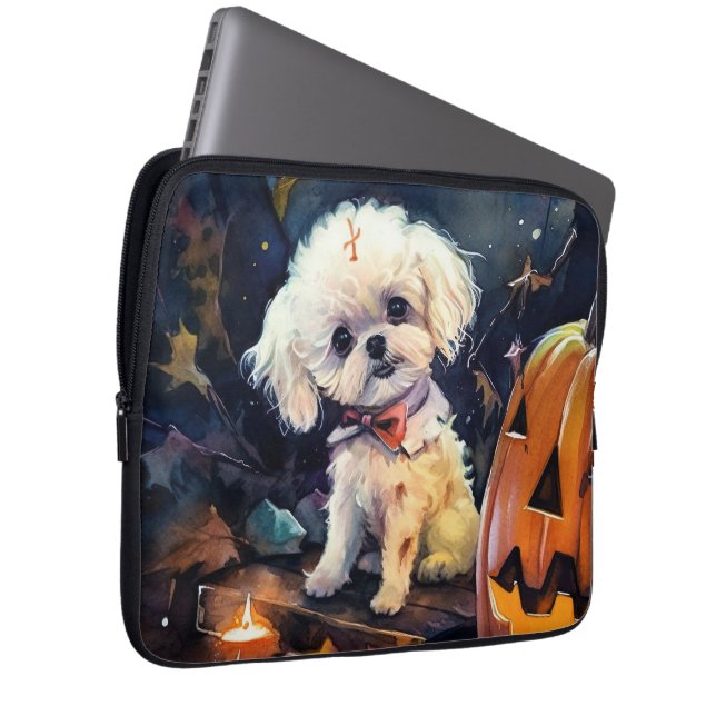 Capa Para Notebook Halloween Bichon Frise Com Pumpkins Assustado (Frente Esquerda)