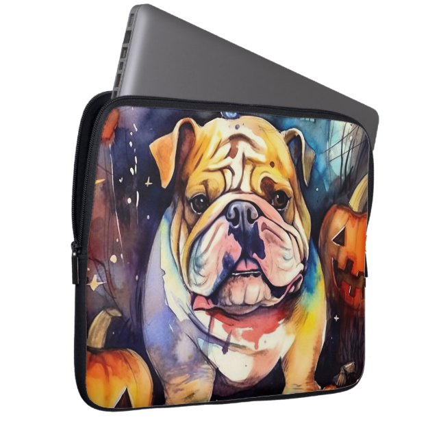 Capa Para Notebook Halloween Bulldog Com Pumpkins Assustado (Frente Esquerda)