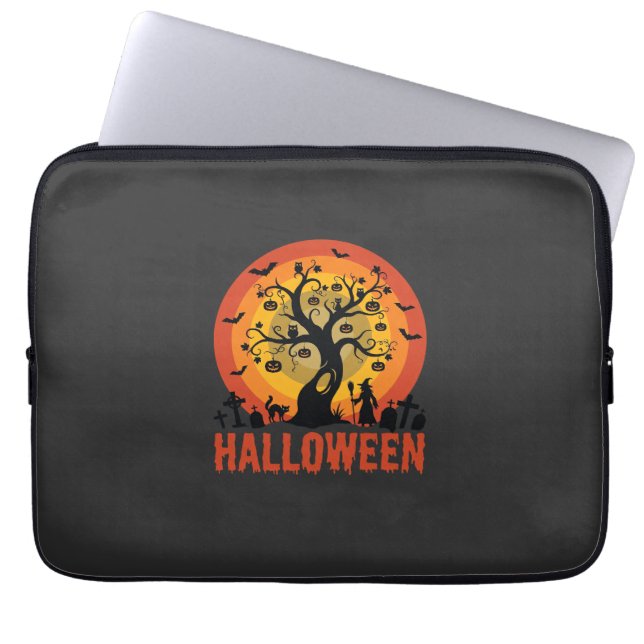 Capa Para Notebook Halloween Haunted Tree Witch and Black Cats (Frente)