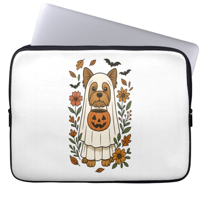 Capa Para Notebook Halloween Yorkshire Terrier Flowers Halloween (Frente)